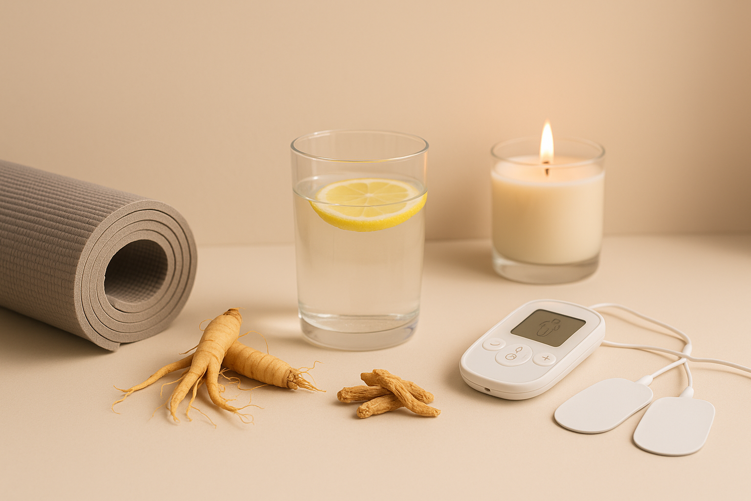 TENS-Gerät, Ginseng und Yogamatte auf hellem Hintergrund – Wellness & Gesundheitsprodukte bei Amegs